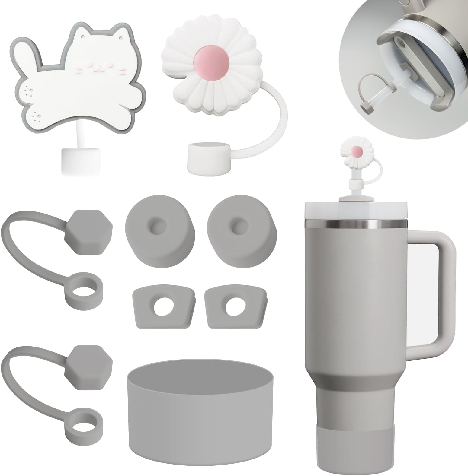 MefasterCup Accessories Set Includs 6Pcs Silicone Spill Proof Stopper, 2Pcs Straw Cover Cap for 9-10 mm Straw, 1Pcs Silicone Boot for Stanley Cup 40oz&30oz Tumbler (Ash)