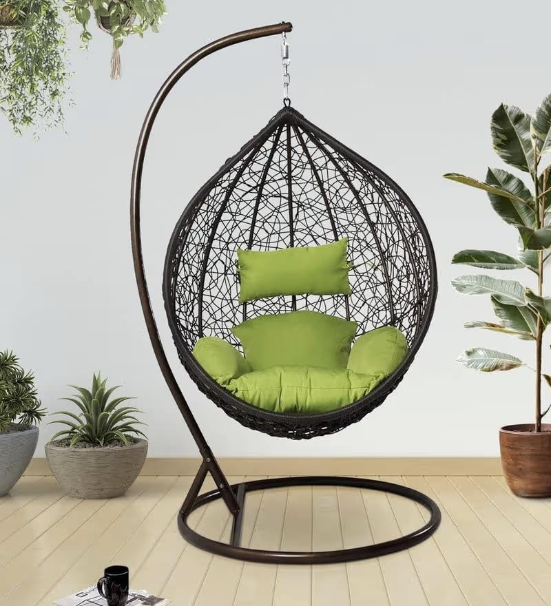 Image of Single Seater Swing Chair with Stand & Cushion Outdoor Indoor Balcony Garden Patio, Powder Coated Frame, UV-Protected Wicker, Premium Cushion, Swing Chair (Black-Parrot)