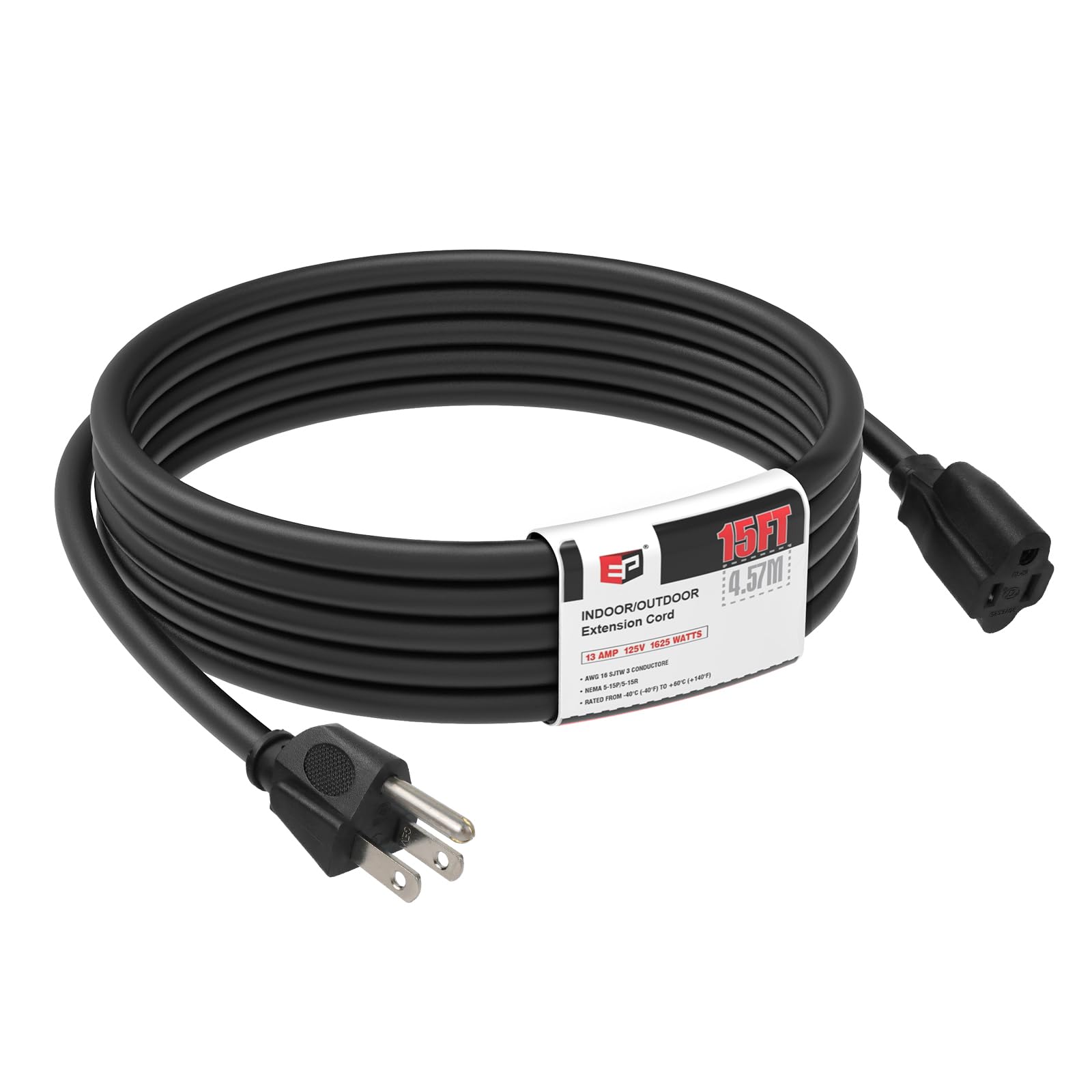 EP 15 Ft Outdoor Extension Cord - 16/3 SJTW Black Electrical Cable with 3 Prong Grounded Plug