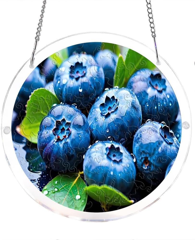 Blueberries with Leaves and Water Droplets Acrylic Jigsaw Puzzles Suncatcher, 8.2 Inch Window Hanging Suncatcher Acrylic Puzzle, DIY Home Decor Art Gift