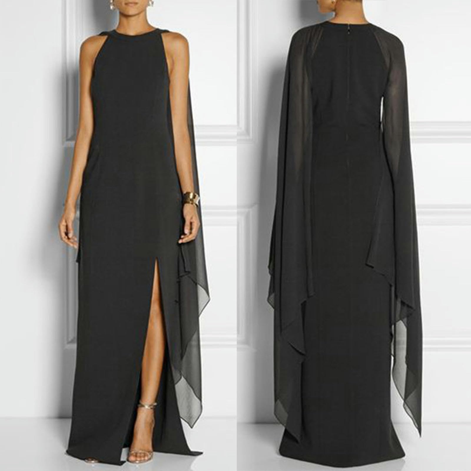 Vestito Lungo Donna Elegante Abito Lungo Senza Maniche con Scollo Alto E Spacco da Donna - Abito da Cocktail Vintage da Sera - Abito Lungo Aderente da Sposa Formale-Nero-s