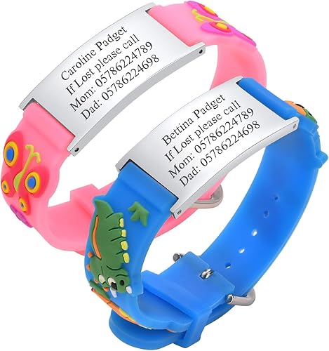 Pulseras de identificación de seguridad para niños, de silicona suave, de acero inoxidable, con grabado gratuito, de varios colores, ajustables,