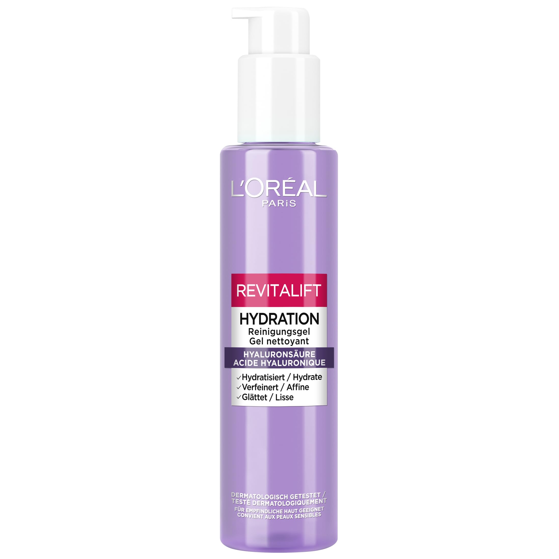 L'Oréal Paris Hydration Reinigungsgel für Frauen: für gereinigte und frische Haut & aufpolsternd mit purer Hyaluronsäure und Salicylsäure, Revitalift Filler, 1x 150ml