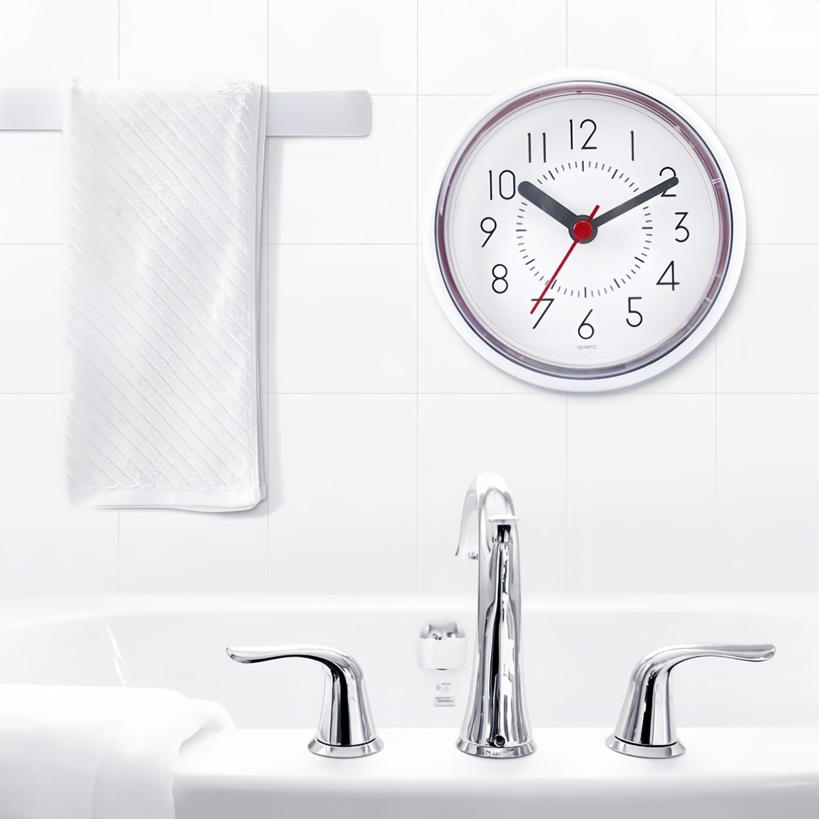 Orologio da Doccia Impermeabile, Resistente all'Umidità e alla Nebbia, Decorazione da Parete Silenziosa, Appeso con 3 Ventose e 2 Piedi, Alimentato a Batteria