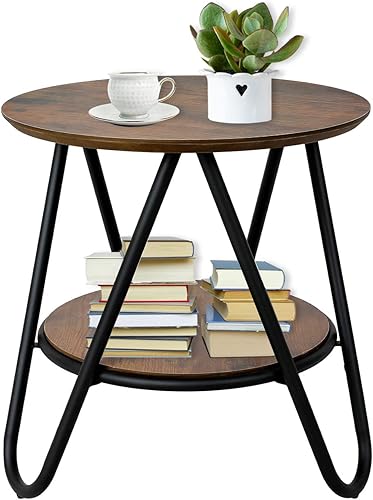 Babion Mesa auxiliar redonda de 2 niveles mesa auxiliar pequeña con patas de metal mesa lateral de madera industrial con estante de almacenamiento