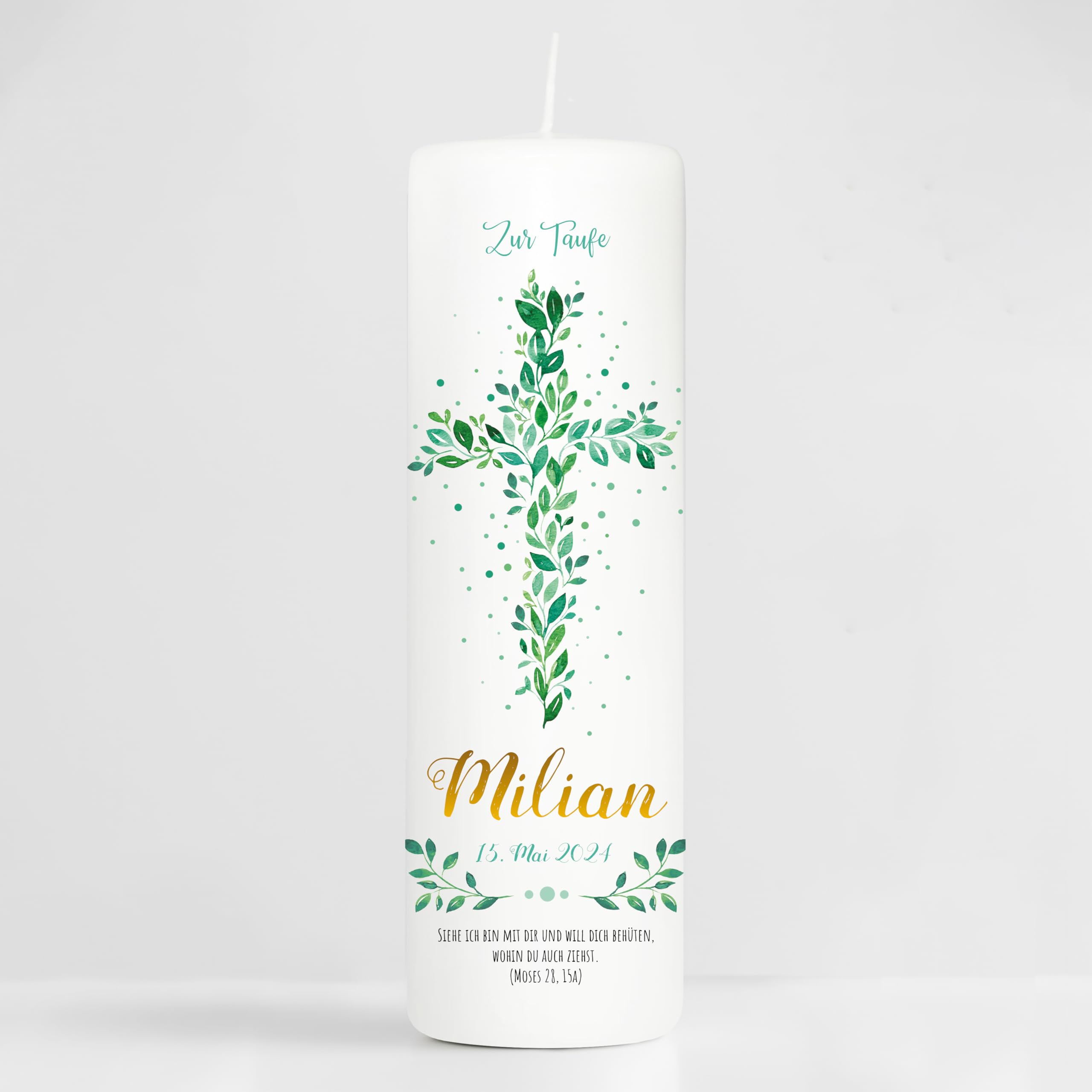 Bougie Baptême personnalisée Fille Garçon motif Croix florale verte – Cierge Baptême avec prénom, date et message – Bougie imprimée – cierge personnalisé – 25 x 8 cm