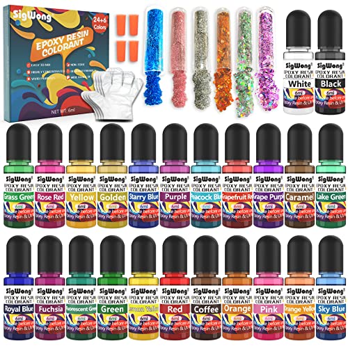 Epoxidharz Farbe Set - 24 Farben Flüssiger Epoxidharz Pigment Farbstoff für Epoxy Resin Kunst - Konzentrierte Epoxidharz Farben für Kunstharz, DIY Kunsthandwerk, je 6ml - Mit 6 Farben Glitter