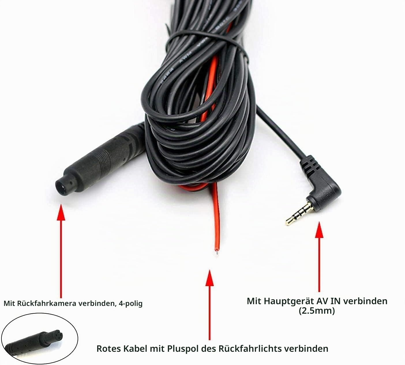 WOLFBOX 33FT Rückkamerakabel, Längeres Ersatzkabel für G840S/G840H/G850/G850PRO/G930/i07/i17 Rückfahrkamera (4-polig, 2,5 mm)