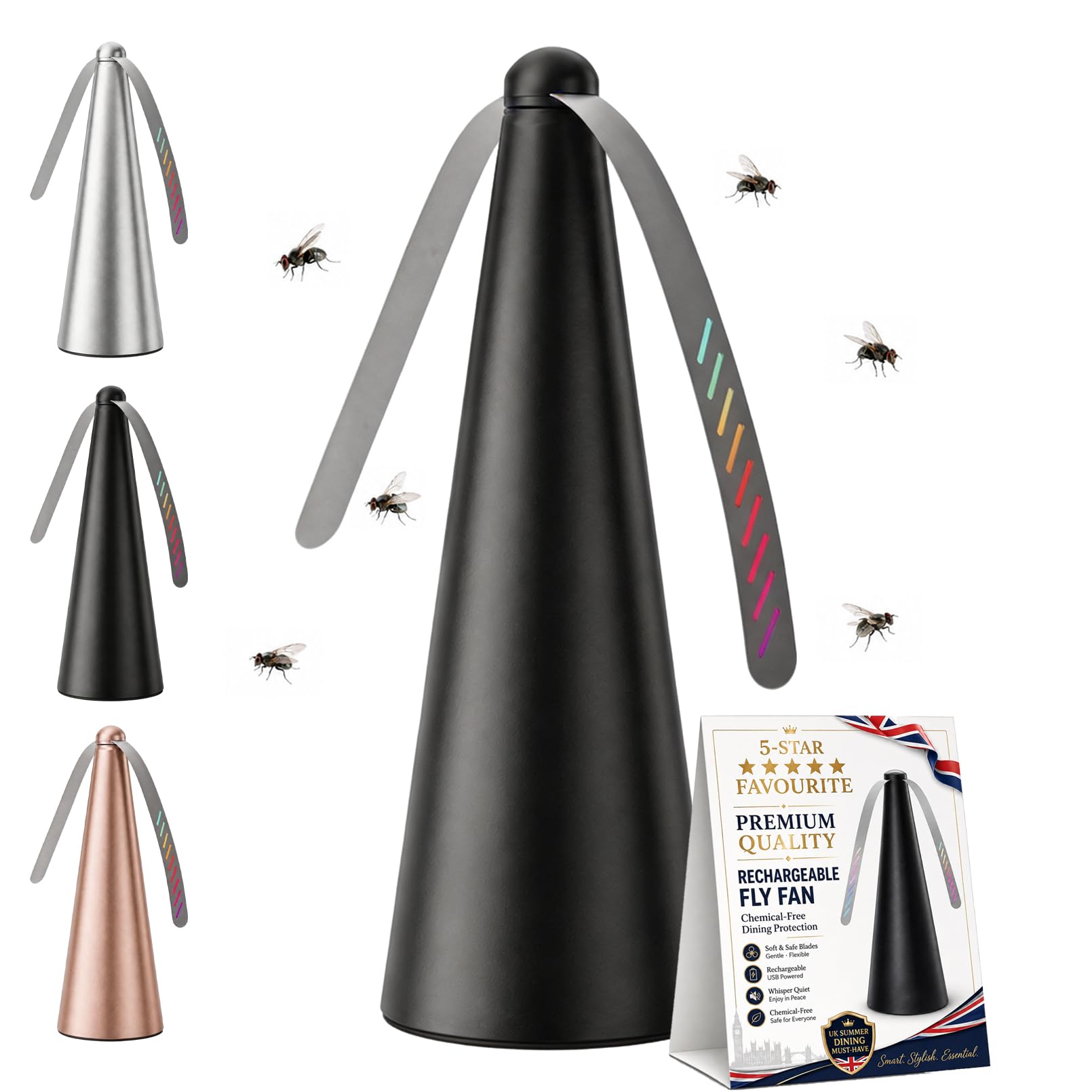ZHENWO USB Rechargeable Fly Repellent Fan, Fly Deterrent for Table, Double Side Soft Holographic Blades, Portable Effective Fly Repellents Fan for Indoor & Outdoor Picnic, Party Use (Black)