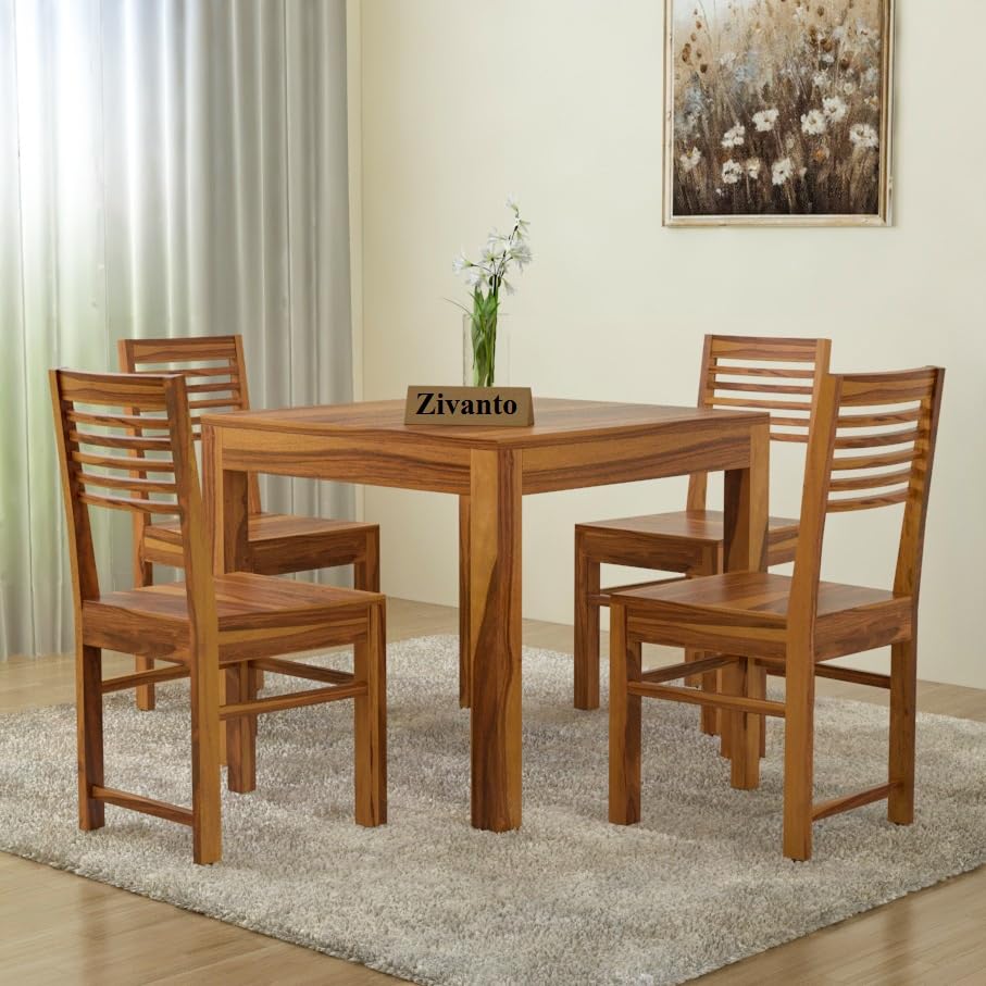 Image of Solid Sheesham Wood Dining Table 4 Seater | Square Four Seater Dinning Table with 4 Chairs for Home | Wooden Kitchen Dinner Table 4 Seater | Dining Room Sets for Restaurants | Teak Finish
