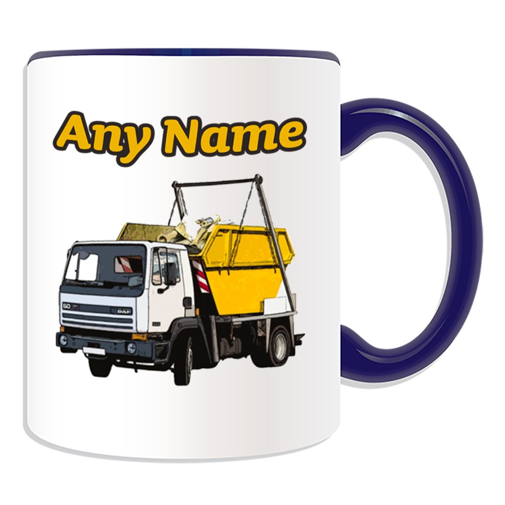 Unigift Blue Personalised Gift - Skip Truck Mug (Transport Design Theme, Colour Options) - Any Name/Message On Your Unique - Hire Lorry Wagon Hgv Vehicle Automobile Driver Dumpster Waste Container Rubbish