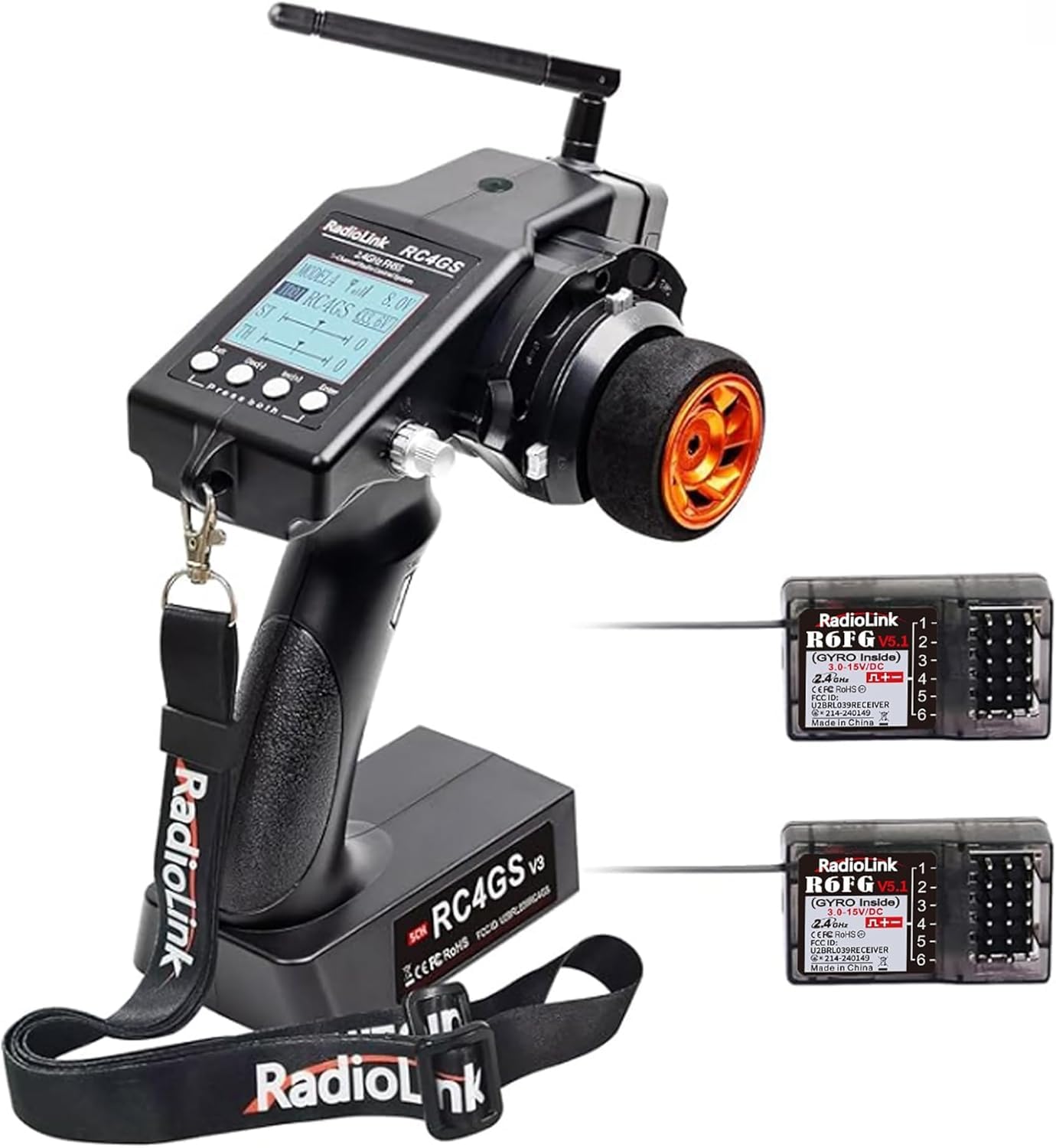 Radiolink RC4GS V3 5 Kanal RC Funksender und 2 2,4 GHz R6FG Empfänger | 400M Fernbedienungsset, für RC Auto, Boot, Crawler, Panzer, Drifting, Buggy, Trageband