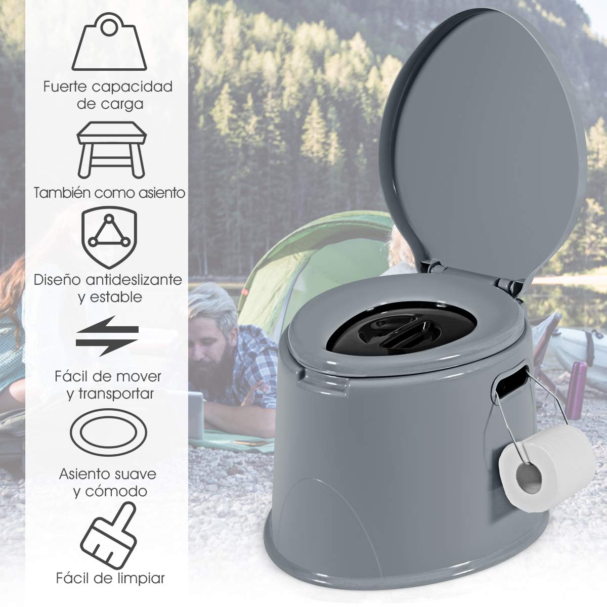 COSTWAY Inodoro Portátil para Camping con Tapa y Soporte para Papel Higiénico Inodoro Móvil para Viaje Acampar Senderismo