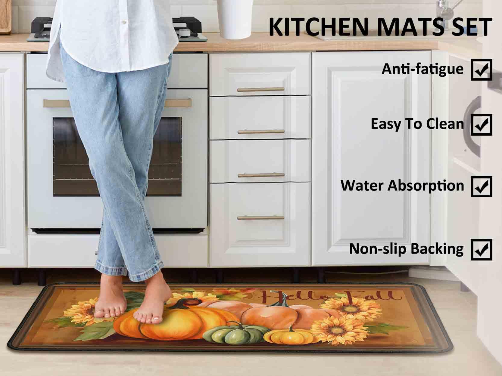 Hello Fall Door Mats Set Of 2 – Autumn Thanksgiving Kitchen Rugs, Non-Slip Farmhouse Pumpkin Mats (16x28 Inches)