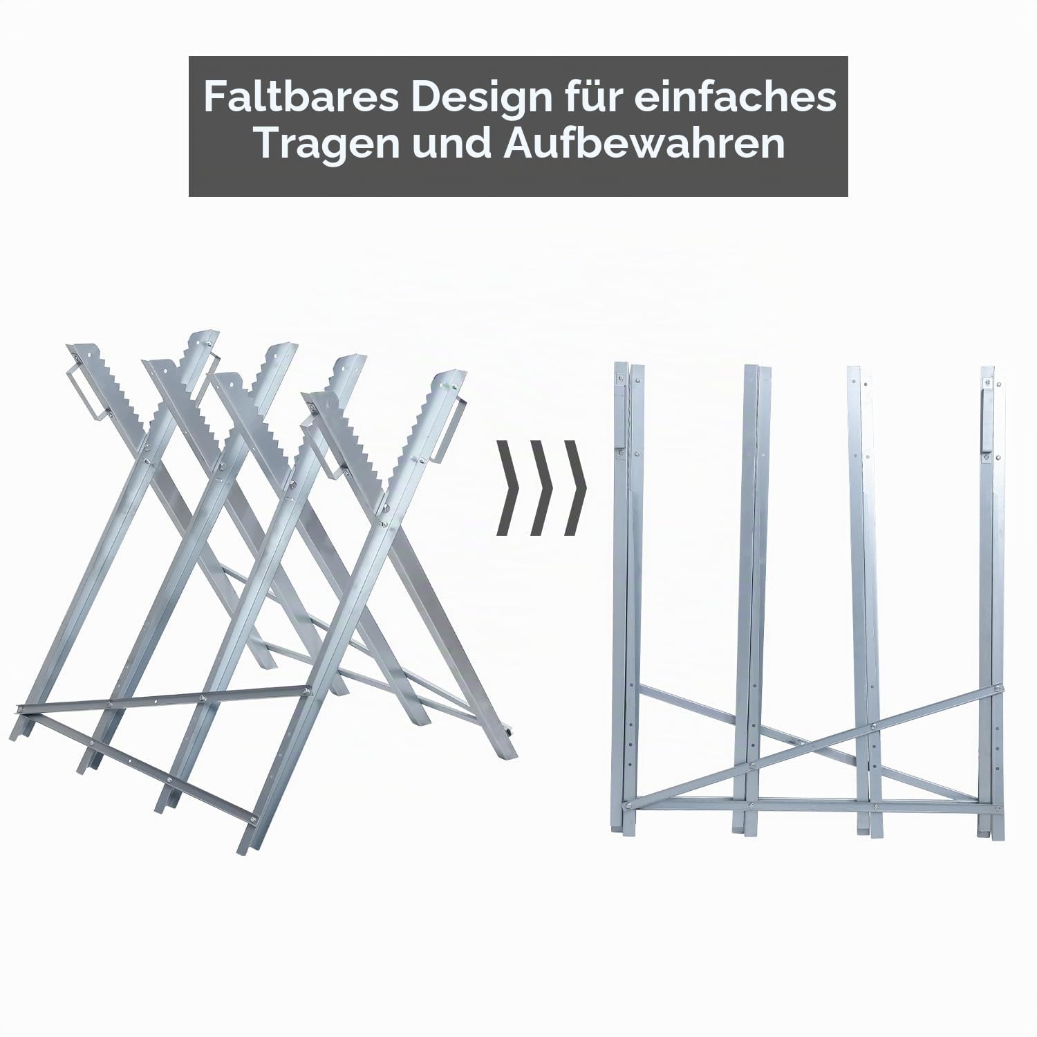 sägebock für kettensägen, stabiler sägebock klappbar aus verzinktem Metall, sägebock holz bis 150 kg, sägebock für kettensäge mit Zahnhaltern, faltbarer Holzsägebock 80 cm Arbeitshöhe