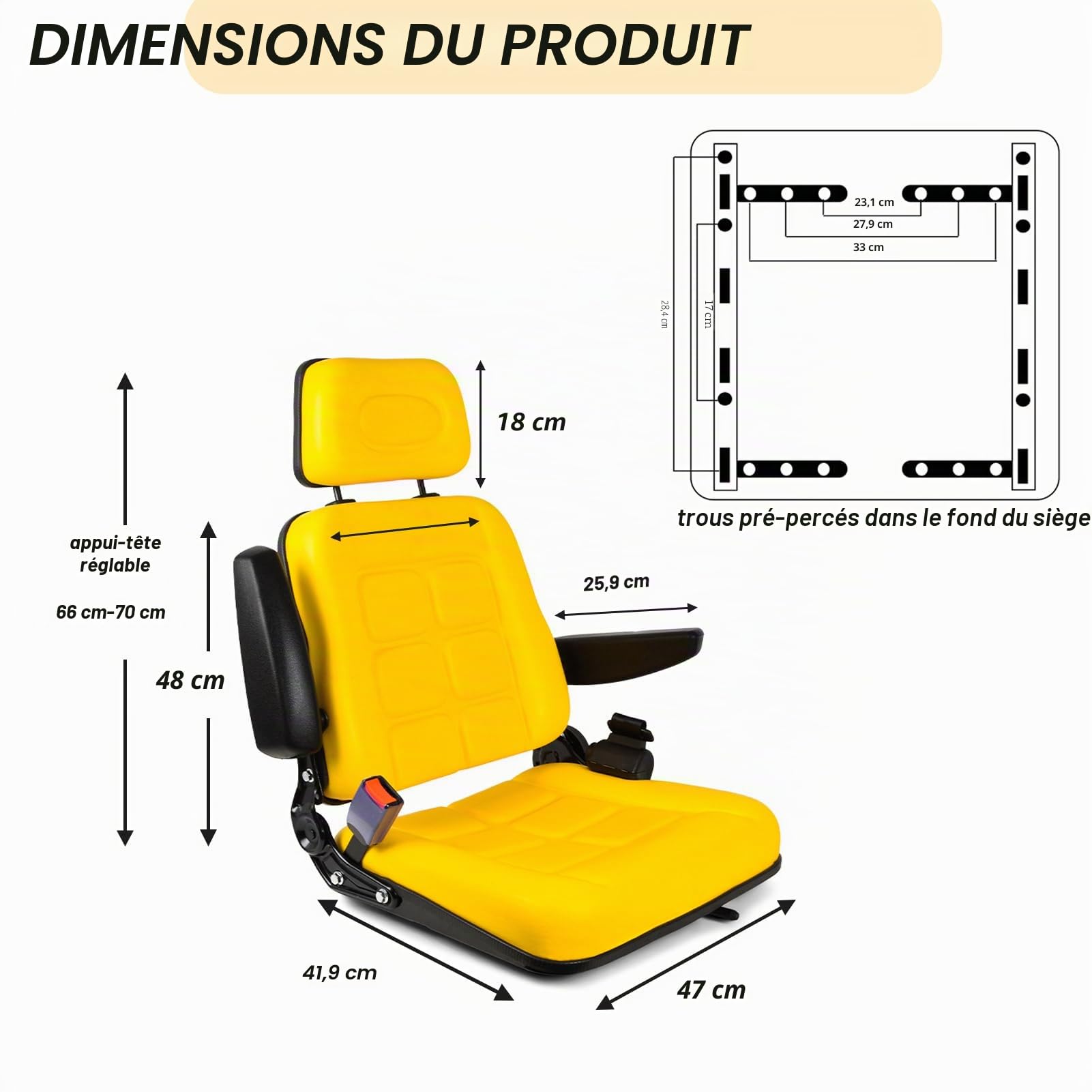 siège de chariot élévateur universel avec dossier réglable, tracteur en PVC avec ceinture de sécurité auto-rebondissante, tondeuse à gazon jaune avec appui-tête