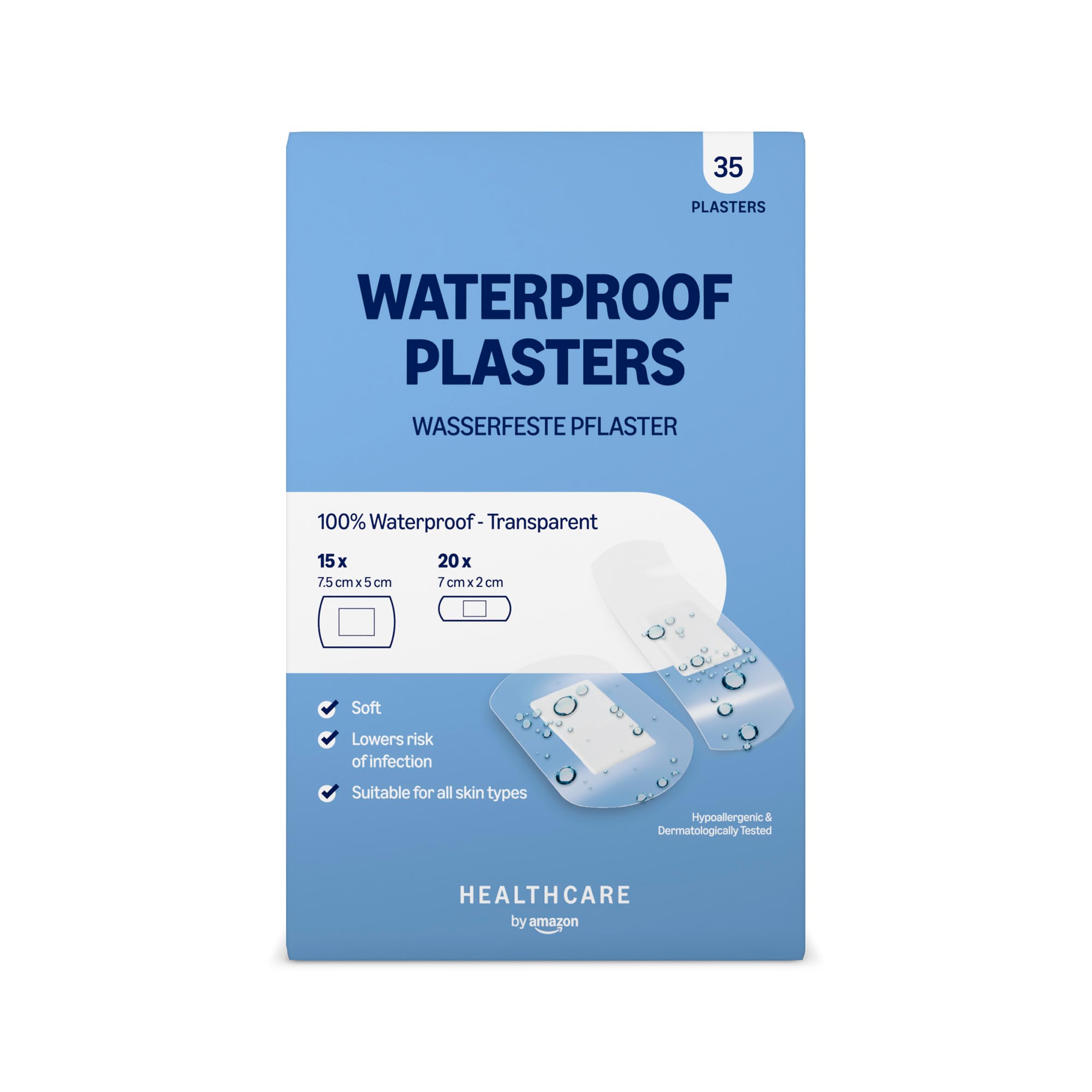 Healthcare By Amazon Waterproof Plasters (Transparent "Second Skin" High Protection), 35 Count (20pc 7 x 2cm, 15pc 5 x 7.5cm), One Size (Previously a Amazon Basic Care brand, same product)