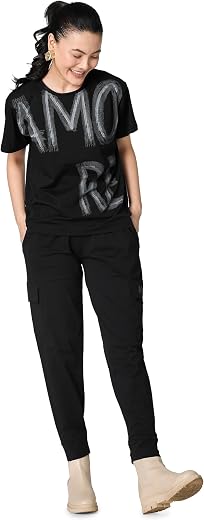 ZEYO Co-ords Set for Women's Typography Printed Cotton Night Dress of Top and Cargo Set
