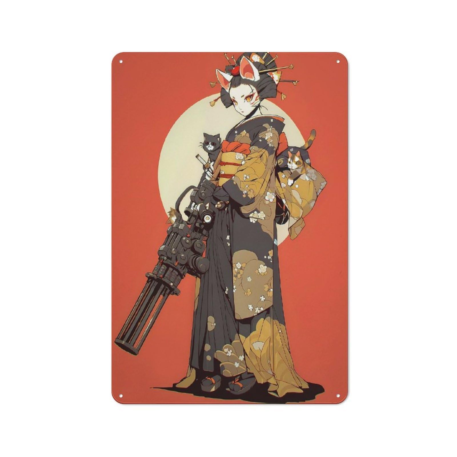 Junmoney Style-1 Geisha Cat Gatling Metal Wall Plaque, Home Decor Sign For Washroom, Small Wall Space Or Hallway, Fun Gift For Friends And Family, 30X20cm