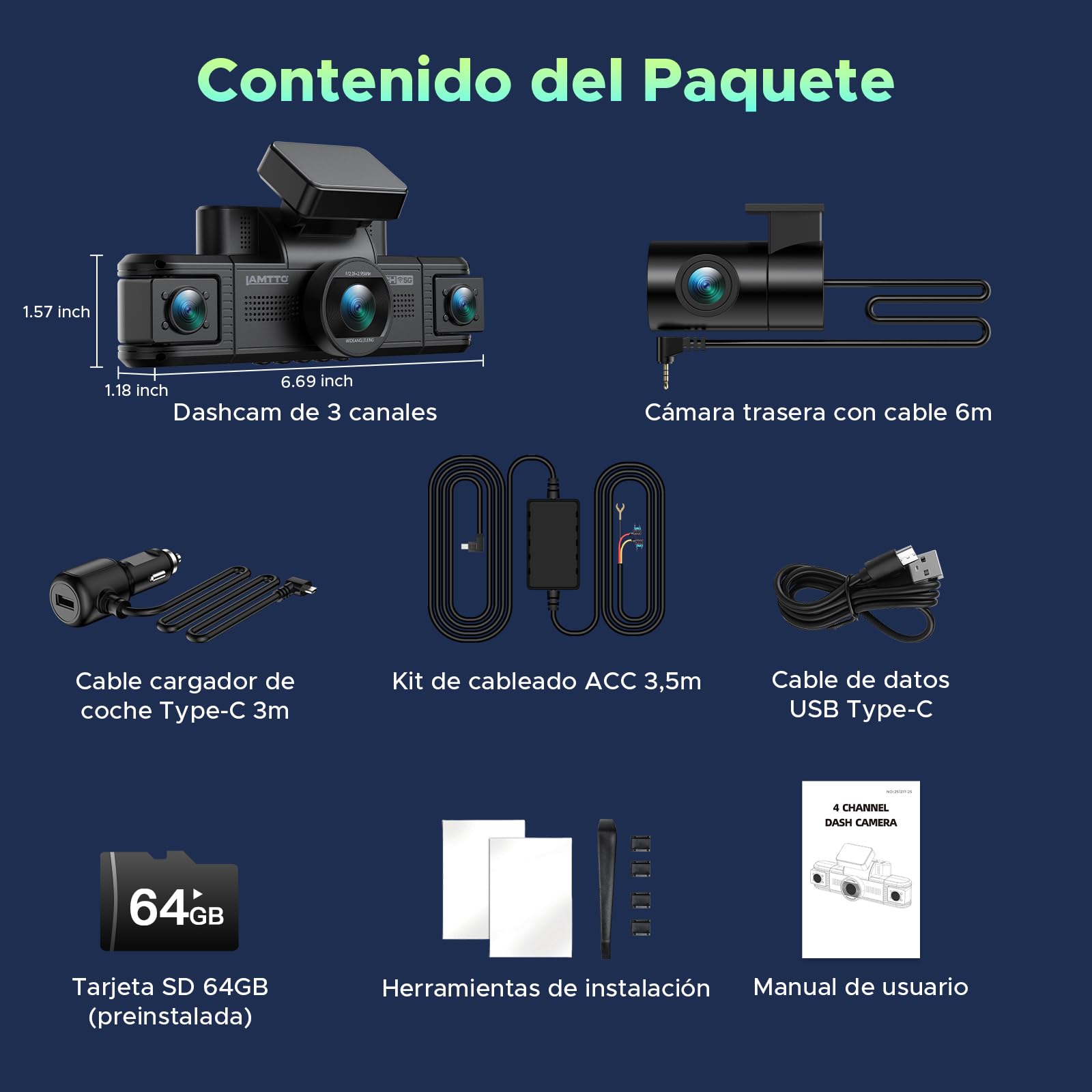 LAMTTO 4 Canales Dashcam para Coche 360 Grados, Dash Cam 2K Delantera 1080P Trasera Interior Lateral Cámara de Coche con App WiFi de 5GHz, Supervisión de Aparcamiento 24/7, Sensor G y Visión Nocturna