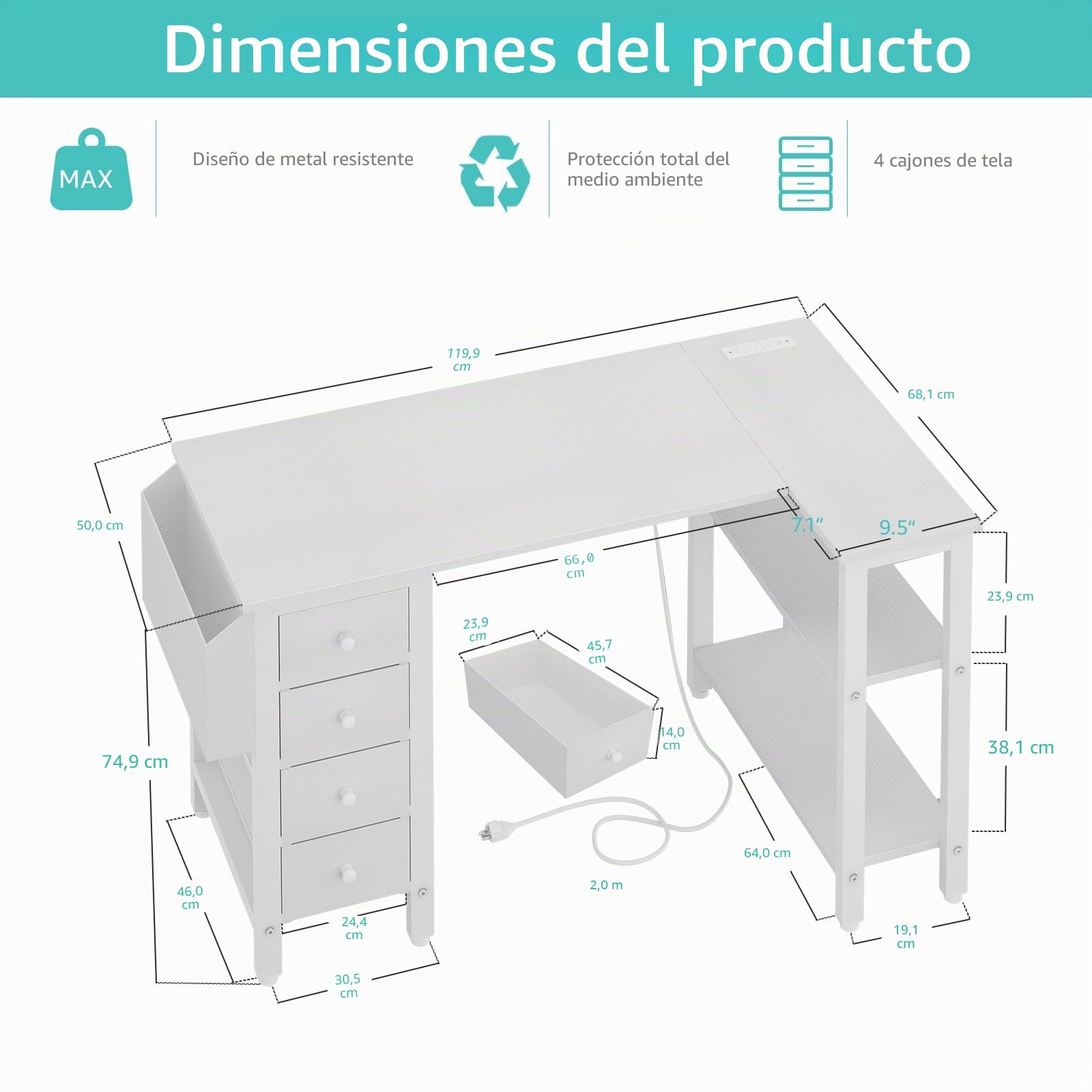 Lufeiya Mesa Escritorio Blanco con Cajones y Enchufes,Escritorio Esquinero con 4 Cajones 120CM Escritorio en l L para Oficina Juveniles Estudio（Enchufes Europea