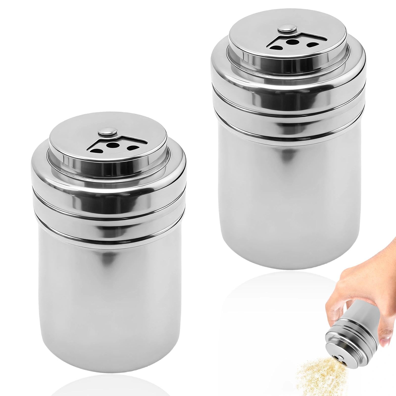 2 Piezas Tanque de Almacenamiento Metal Pimentero, Pequeño Agitador de Especias, Plateado Dispensador de Condimentos Acero Inoxidable, para Pimienta, Canela y Chile en Polvo