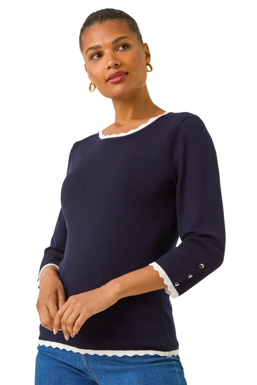 Roman Women's Scallop Neck Button Knit Jumper in Navy | Size: 18