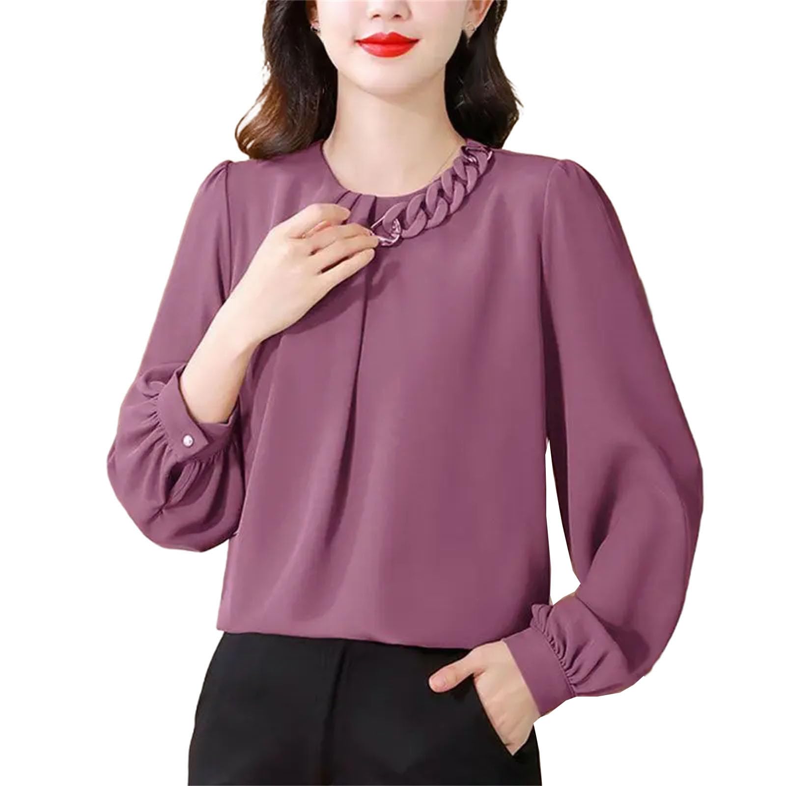 Camiseta de manga larga con cuello redondo para mujer, color liso, holgada, elegante, para uso diario