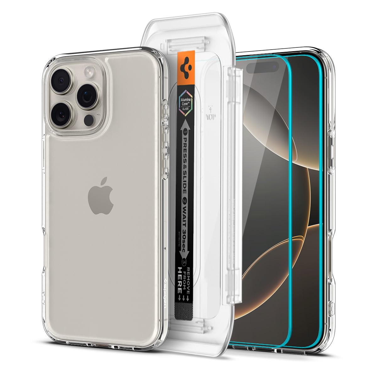 Spigen iPhone 16 Pro Cam Ekran Koruyucu Kolay Kurulum Glas.tR EZ Fit Slim HD (2 Adet) - AGL07928 & iPhone 16 Pro Kılıf Ultra Hybrid Crystal Clear - ACS08121
