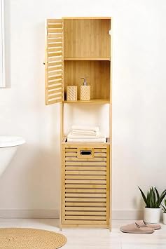 Digithome Bamboo Dirty Basket Bathroom Cabinet with 1 Shelf Lid Bathroom Organizer Laundry Basket Organizer DB-0010