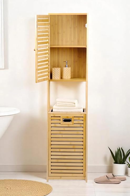 Digithome Bamboo Dirty Basket Bathroom Cabinet with 1 Shelf Lid Bathroom Organizer Laundry Basket Organizer DB-0010