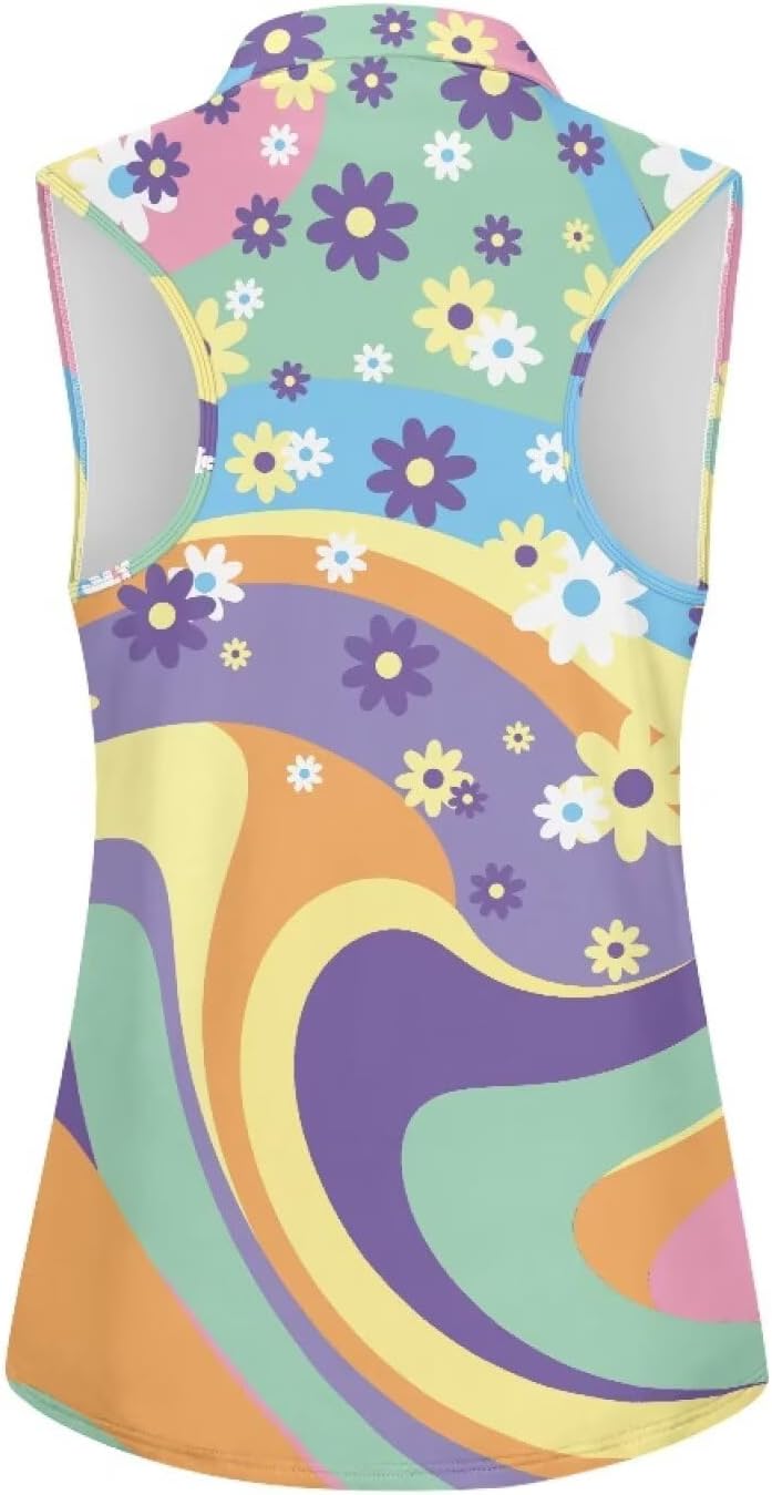 Irisjudy Women Golf Tank Tops Sea Turtle Totem Sleeveless Quarter Zip Workout Tennis T-Shirts Pink Fires Athletic Polo Shirts