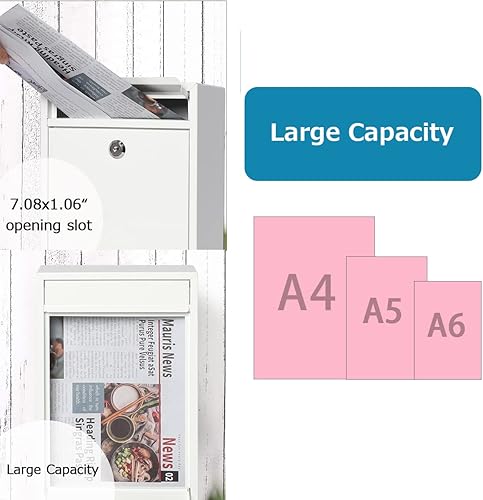 Miniatura 5 de Buzón con cerradura de llave, buzones de bloqueo montados en la pared, caja de bloqueo de caída de pequeña capacidad para exteriores, color blanco