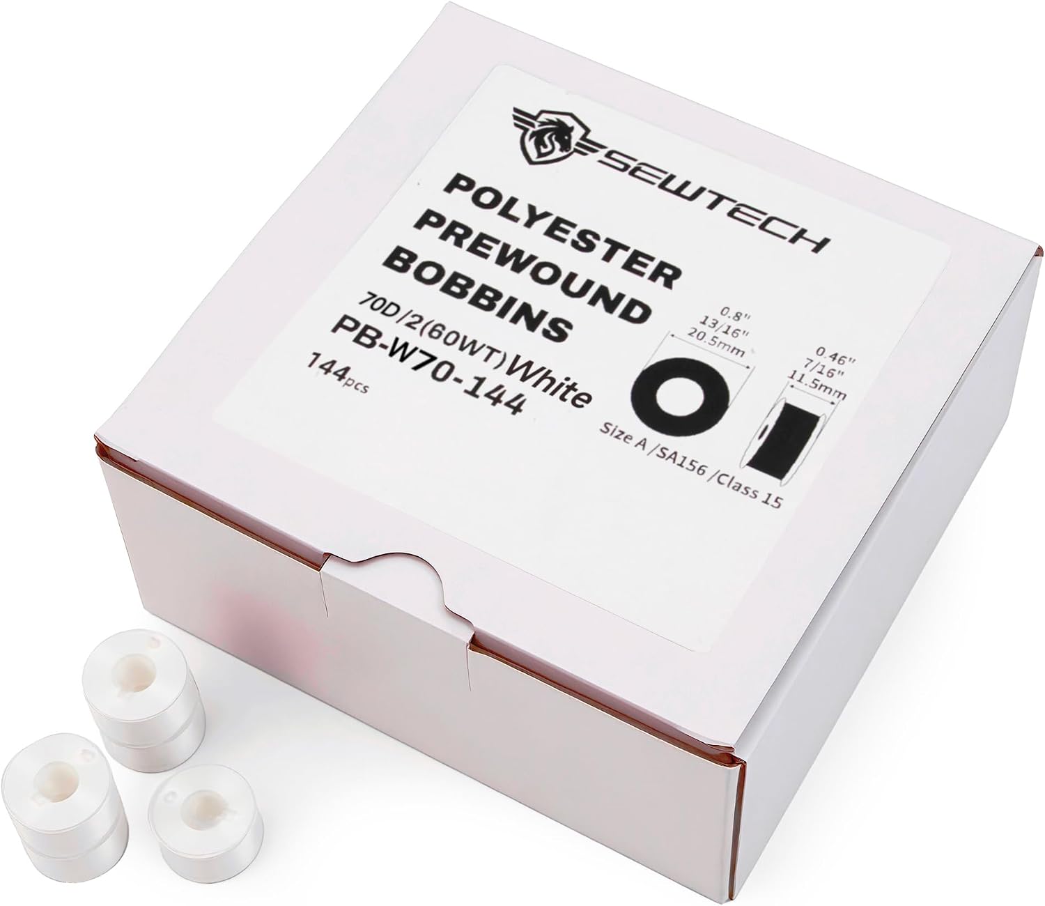Sew Tech 144pcs White 70D/2 (60WT) Prewound Bobbin Thread Plastic Size A SA156 for Brother Babylock Janome Singer Embroidery and Sewing Machines Cottonized Soft Polyester Thread