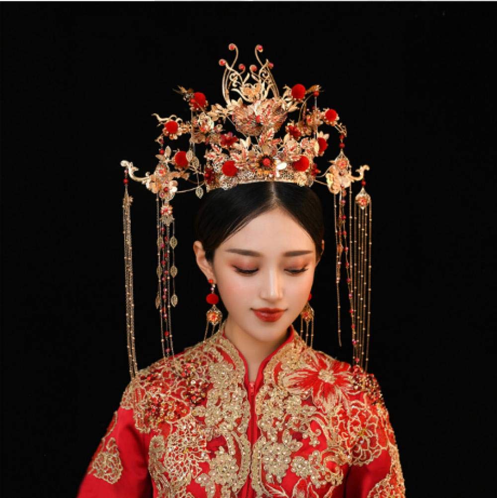 Chinese Classical Golden Flower red Fur Ball Long Fringed Phoenix Ancient Costume Show Wo Clothing Accessories Headdress
