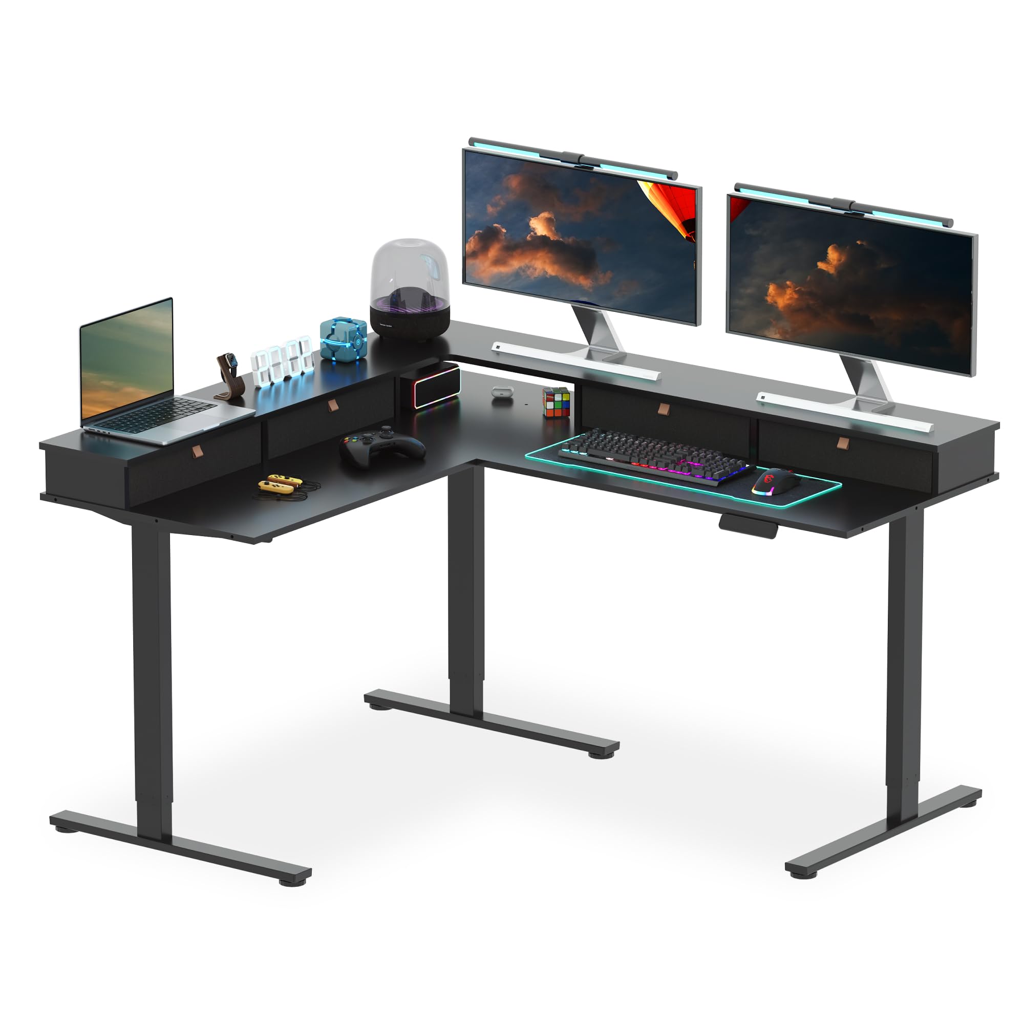 SANODESK 63" L Shaped Standing Desk with 3 Drawers, Height Adjustable Stand up Desk, Corner Gaming Desk with Monitor Stand, Black Frame/Black Top