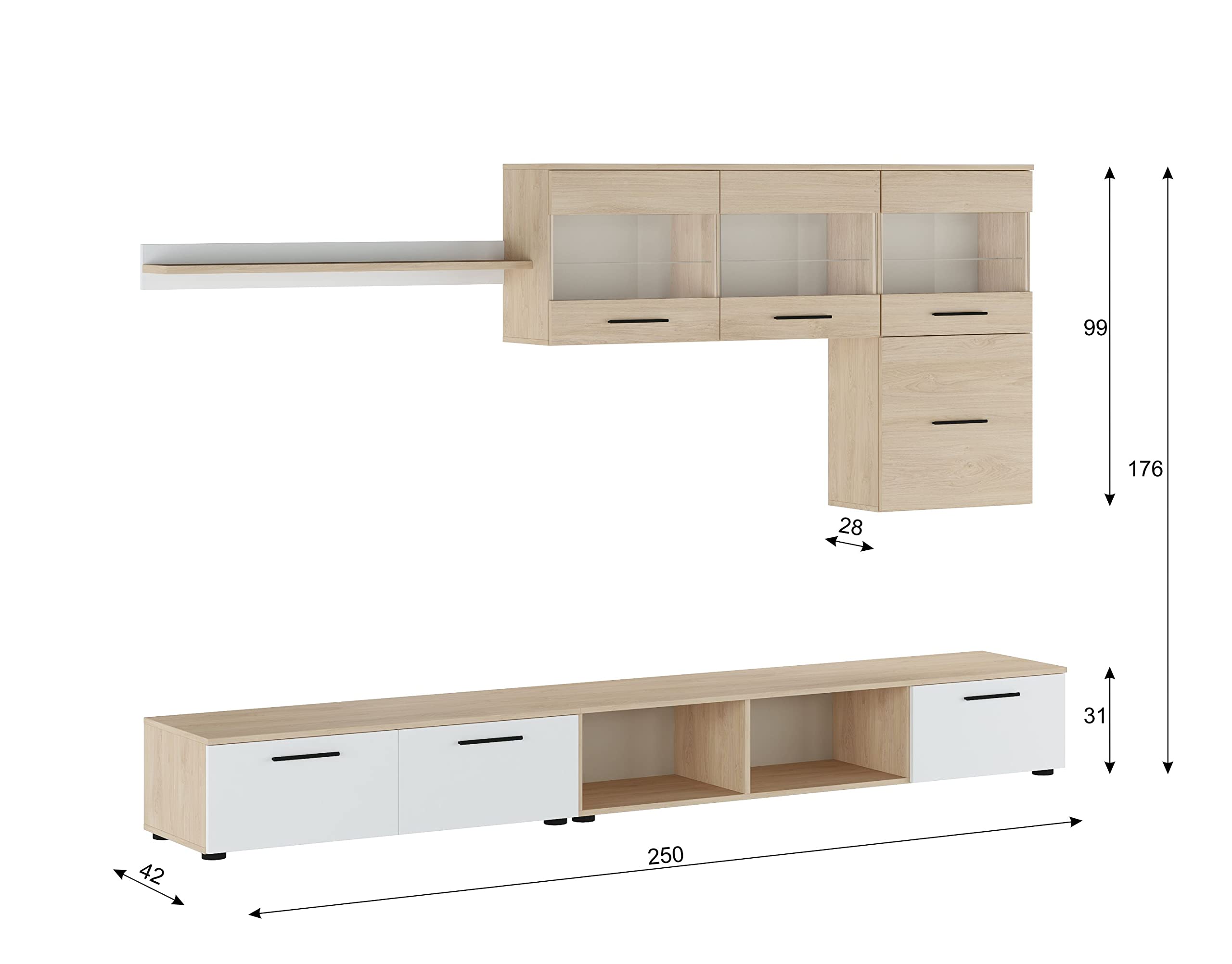Skraut Home - Muebles de Salón - Modelo París - Conjunto de Aparador-Estantería y Mueble TV - Estilo Nórdico - con Luz LED - Melamina - Blanco y Roble