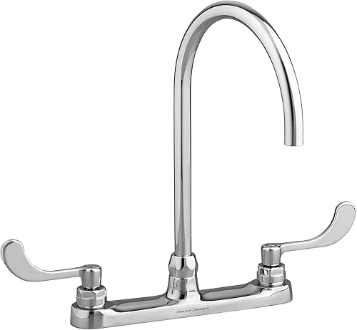 American Standard 6409.180.002 Monterrey - Grifo de cocina de montaje superior con boquilla de cuello de cisne y asas de hoja de muñeca VR, cromo