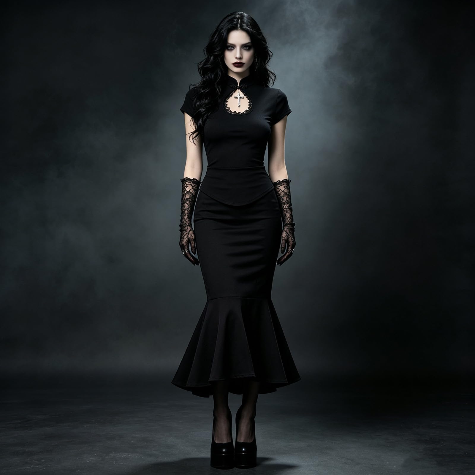 Generisch Elegante costume cinese scuro per Halloween con scollo profondo e silhouette sciancrata