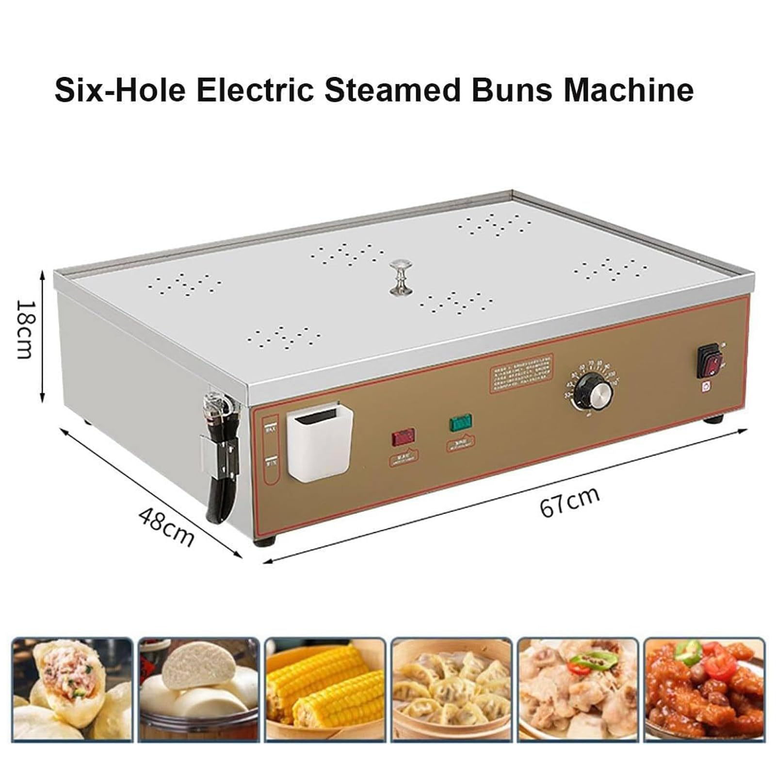 Kommerzielle Brötchenmaschine für Lebensmittel, elektrische Dampfbrötchenmaschine mit sechs Löchern, mit verdicktem Temperaturregler aus Edelstahl und verbreitertem Wassereinspritzanschluss für Früh