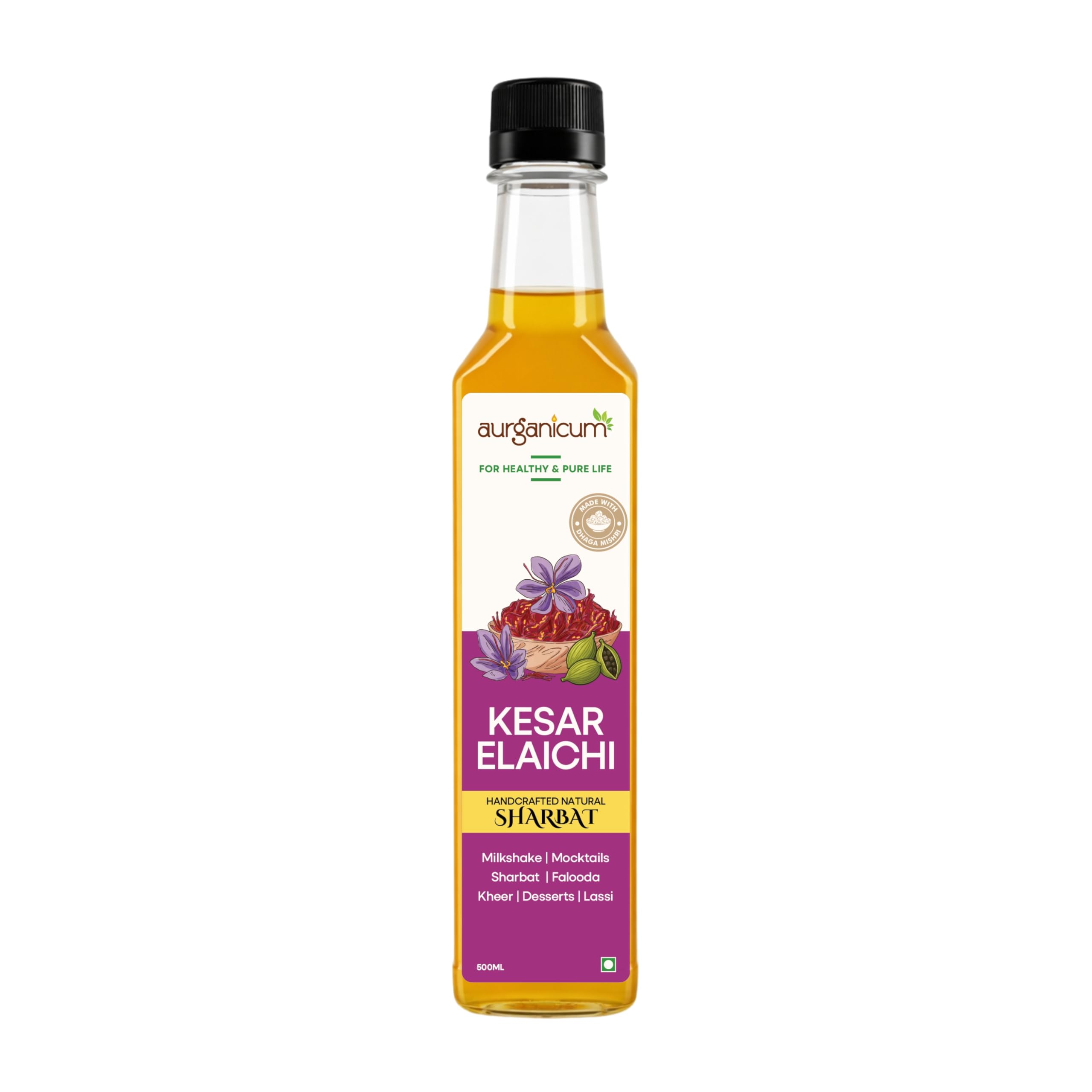 Kesar Sharbat with Dhaga Mishri (No Refined Sugar) | Kesar Elaichi Sharbat Syrup for Milk, Phirni, Thandai & Mocktails | Natural Saffron Flavour | Kids Friendly | 500 ml PET Bottle