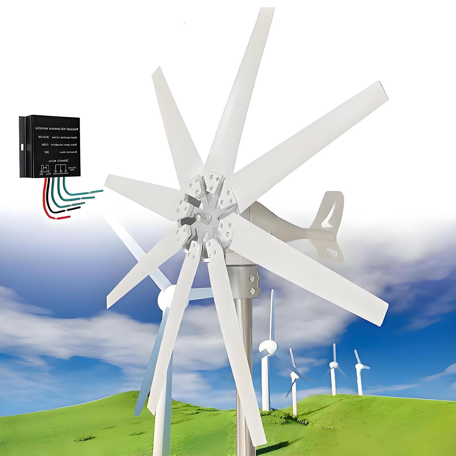 Kit generatore di turbina eolica da 20000 W, Kit Mulino a 12V-White | 8 pale con regolatore di carica, regolazione automatica del, kit generatore di energia per mulino a per esterni a 8 pale