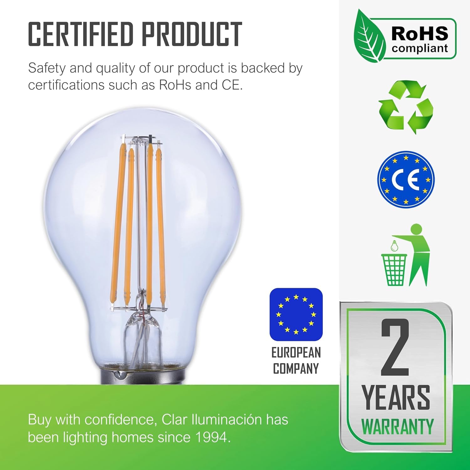 CLAR - E27 LED Vintage, LED Filament E27, Warmweib 2700K 10W (Pack 100)