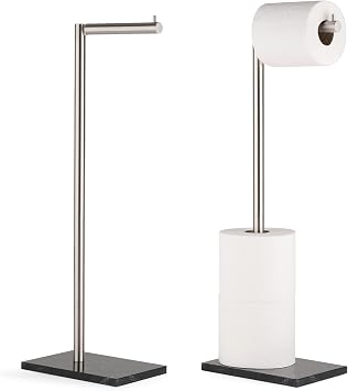 MARMOLUX ACC Free Standing Brushed Nickel Toilet Paper Holder Stand - 4 Jumbo Roll Bathroom Hardware - Standing Toilet Paper Holder - Stainless Steel Toilet Paper Stand - Brushed Steel/Black Marble