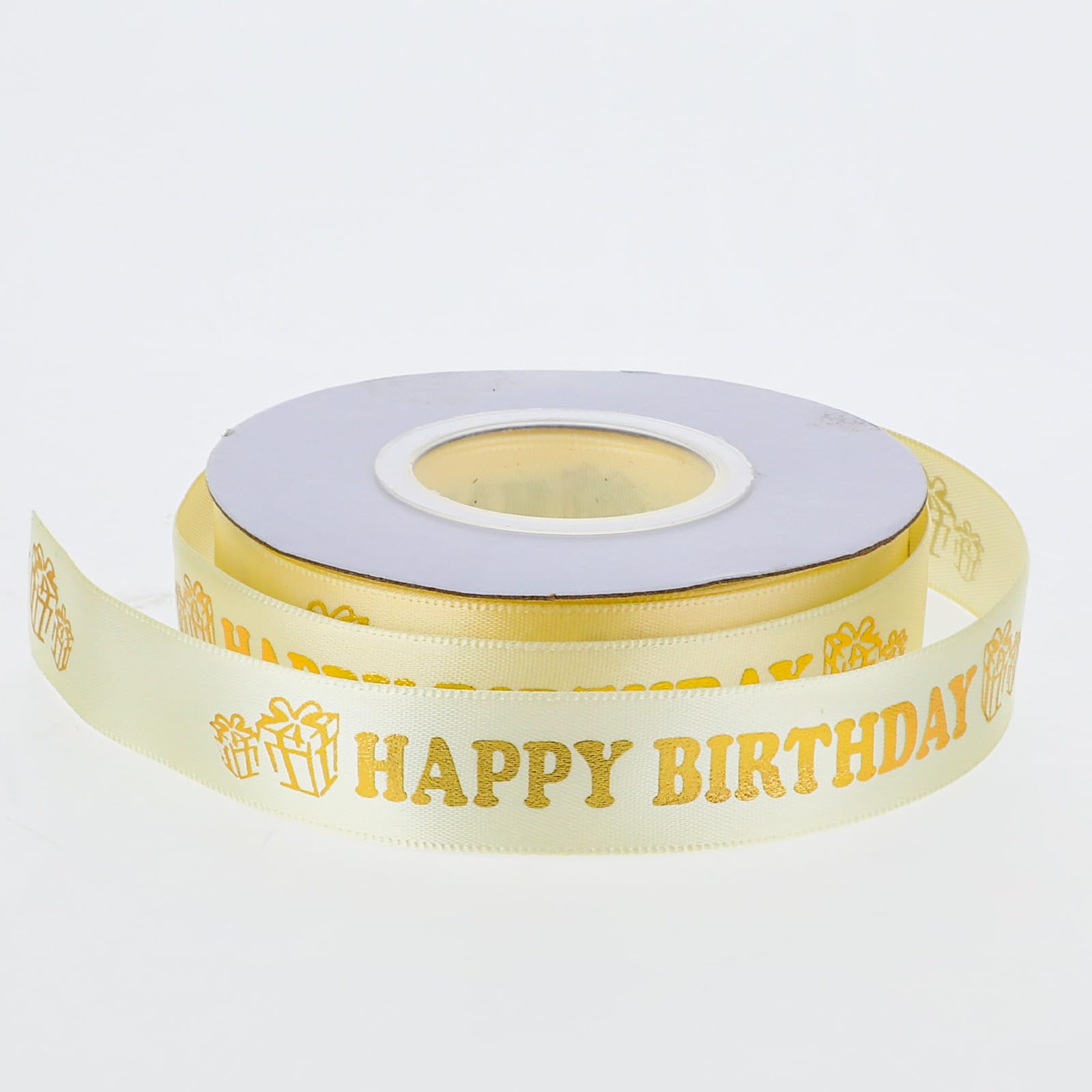 Gouden wervelende folieprint Happy Birthday lint satijn 2 m x 25 mm
