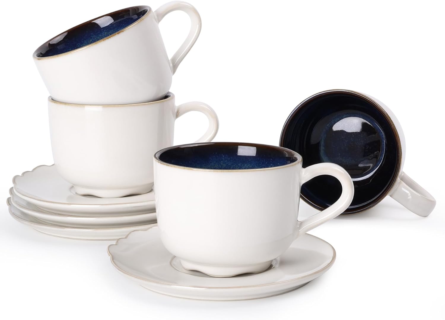 Ceramic 10oz Coffee Mugs Set of 4, Coffee Cups with Saucers, Cappuccino Cups with Saucers, Porcelain Cups, Coffee Cups for Tea, Latte, Espresso (White & Blue) White 10 oz