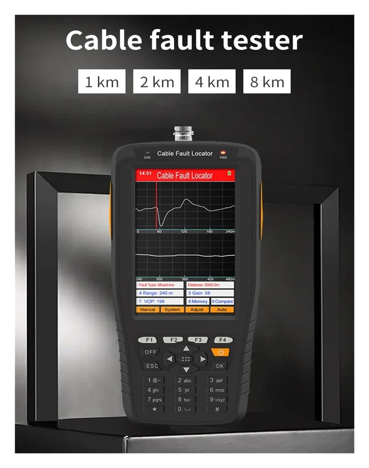 Localisateur de défauts de ligne visuelle TL280 avec écran LCD, testeur de défauts de câble TDR 1KM, 2KM, 4KM, 8KM, 0.5m, Mode de Test automatique/manuel Facile à lire(2KM)