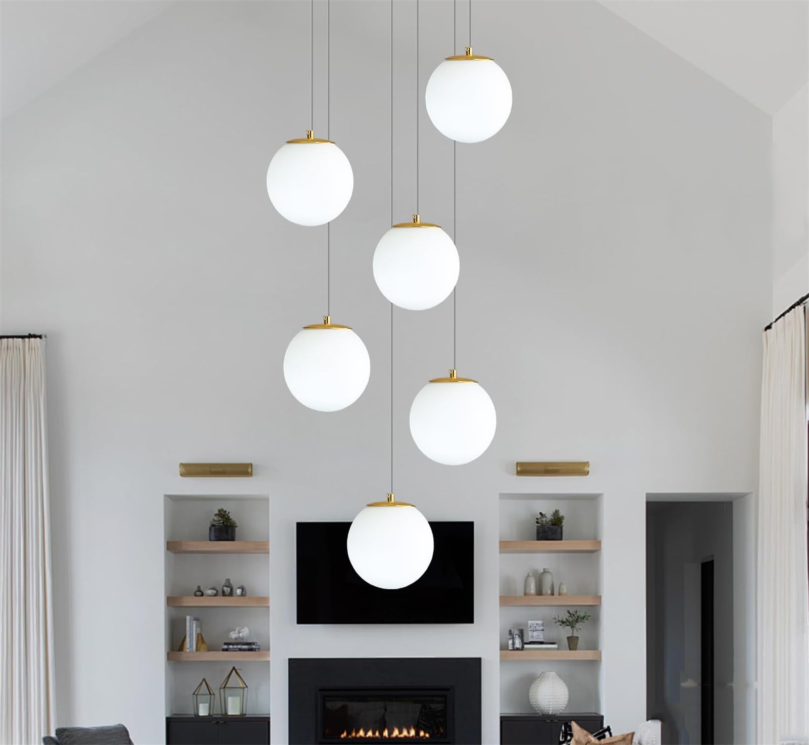 Lustre Moderne à 6 lumières en Forme de Globe, luminaire Suspendu Haut de Plafond, Boule en Verre Blanc, éclairage Suspendu pour Salon, escalier, entrée, Salle à Manger, Cuisine