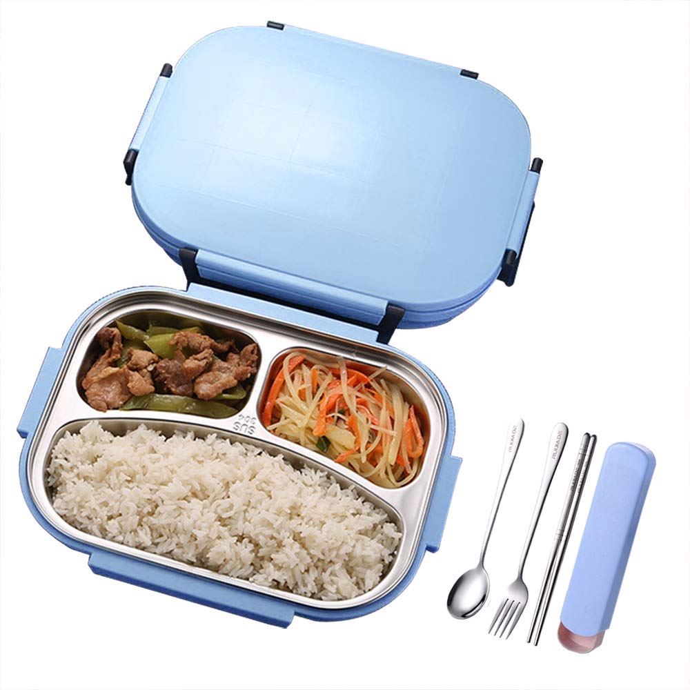Bento Box for Kids and adults, Stainless Steel Lunch Box with 3 Compartments, Matching tableware (spoon and fork and chopsticks)