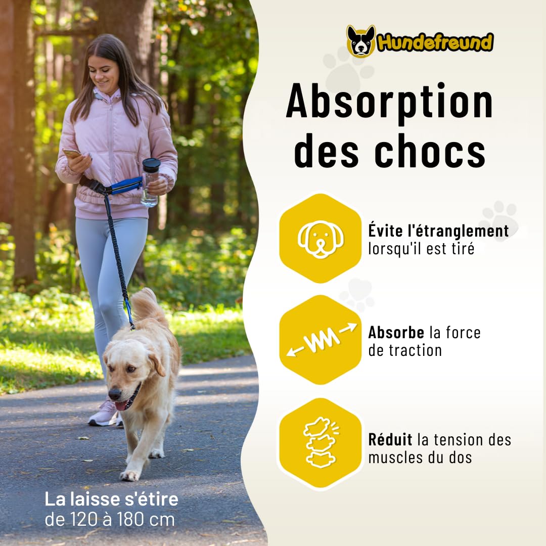 Hundefreund Laisse de Jogging avec Ceinture | Laisse pour Canicross de 120 à 180 cm pour Chiens de Taille Moyenne à Grande | Faites du Vélo, de la Course à Pied et de la Randonnée aux Mains Libres